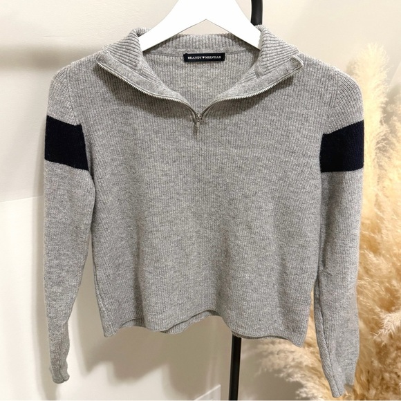 Brandy Melville Sweaters - Brandy Melville Grey Quarter Zip Sweater with Navy Stripes